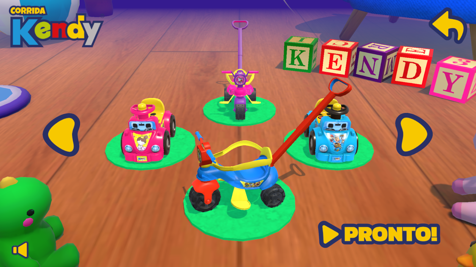 Tela de escolha dos brinquedos no jogo Corrida Kendy